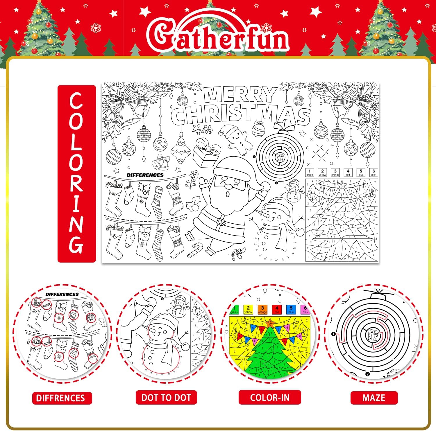 Disposable Christmas Place Mats for Kids, 12 Pack, Santa Paper Place Mat, 17”x 11” Table Mat Sheets for Merry Christmas School Party Decorations