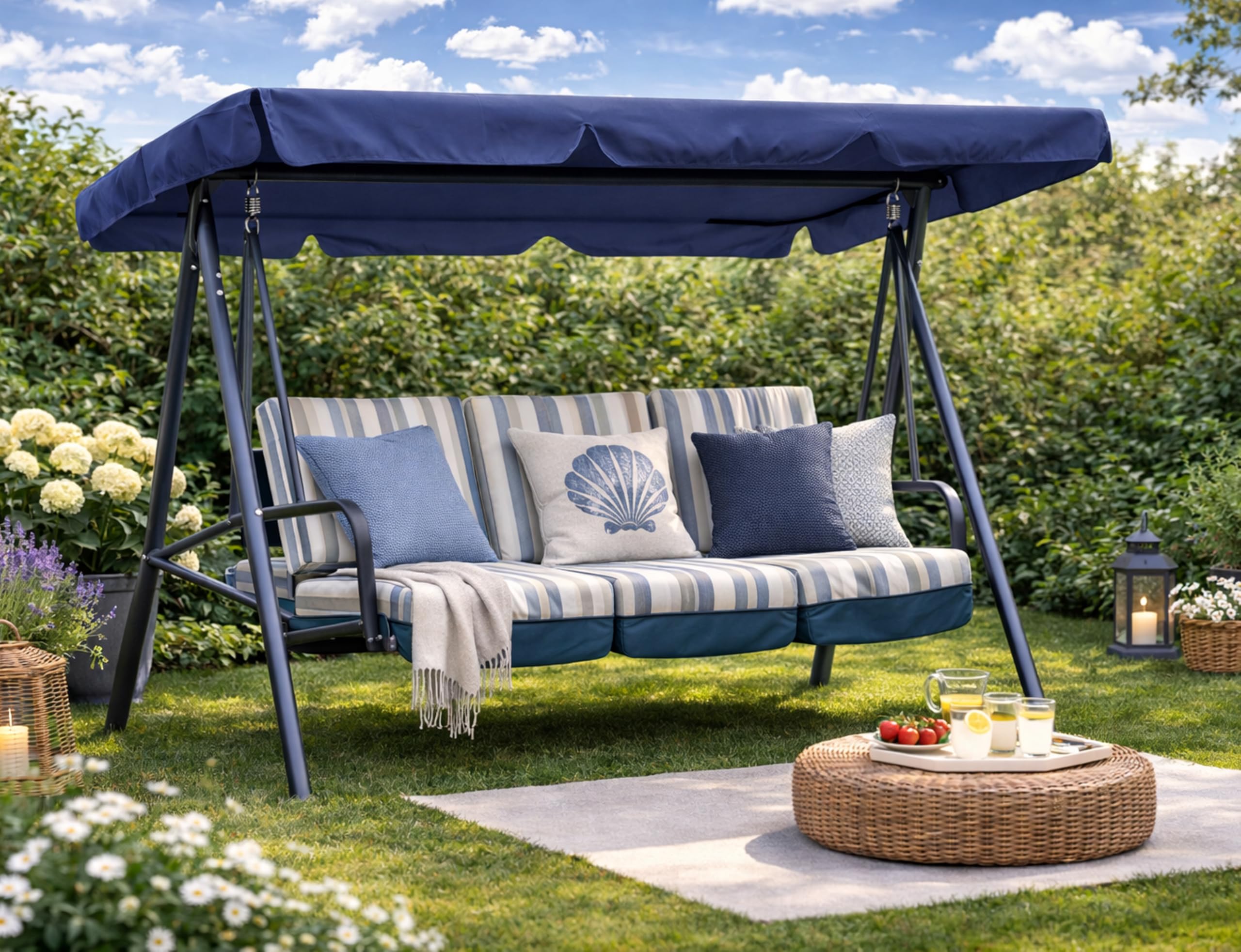 QUICK STAR Techo Columpio 200 x 145 cm Azul Impermeable | Funda Repuesto Balancin | Toldo de Reemplazo Universal UV 50 | Cubierta para Columpio de Jardín de 3 Plazas