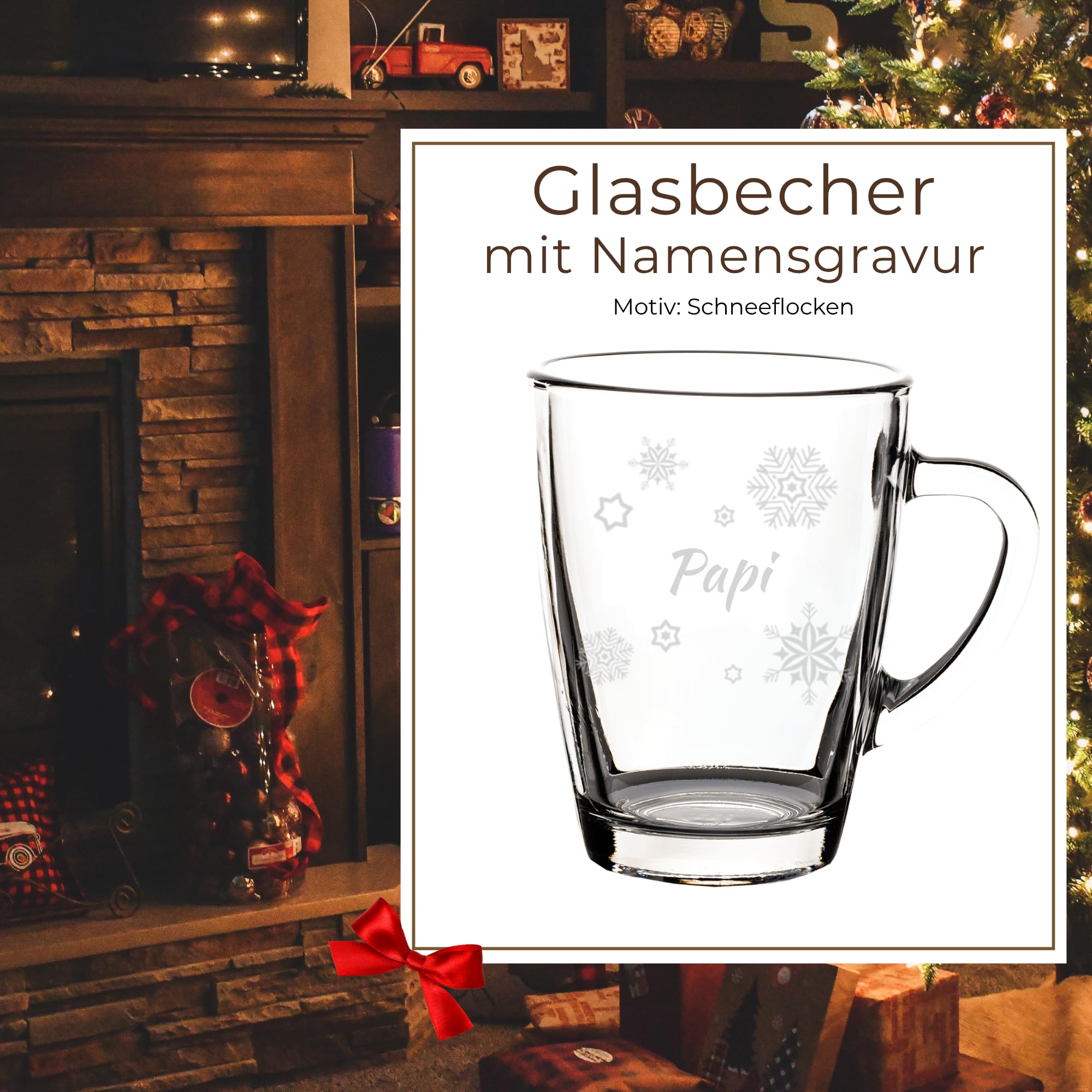 Glasbecher mit Gravur, Schneeflocke, 300 ml, 6 Stück | Personalisierte Glastassen für Kaffee, Tee & Glühwein, Wichtelgeschenkidee, hitzebeständig, Spülmaschinenfest