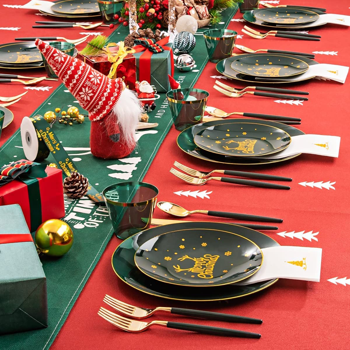 KAHEIGN 175 Pezzi Riutilizzabile Stoviglie di Natale in Plastica Verde con Bordo Oro -25 Piatti Piani, 25 Piatti Insalata, 25 Coltelli, 25 Forchette, 25 Cucchiai, 25 Tovaglioli per 25 Ospiti Festa