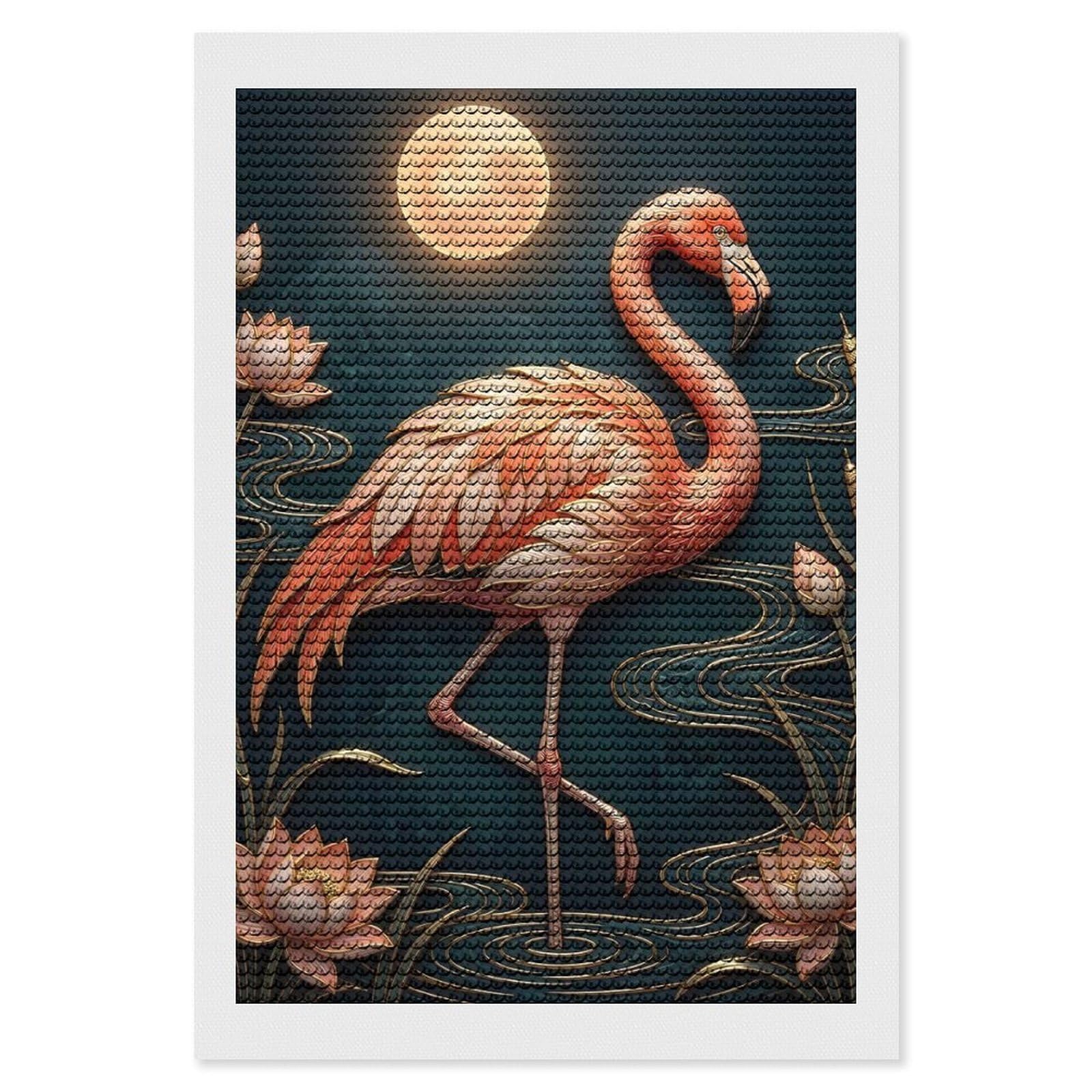 Junmoney Flamingo and Lotus Moonlit Scene Diamond Painting Canvas Set 8"x12", for Women, Mindful Craft Activity, Cosy Home Accent, Festive Craft Gift