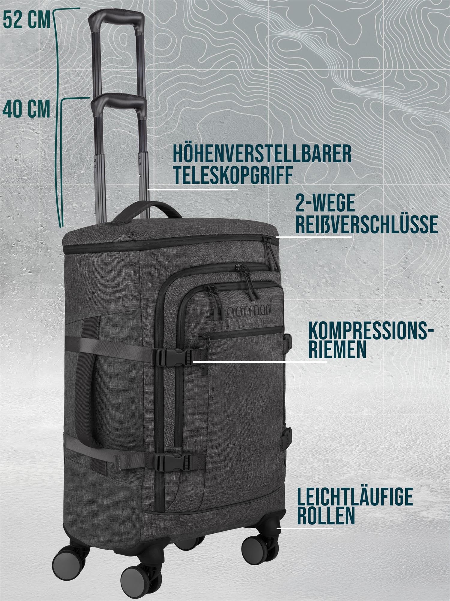 normani Handgepäck 4-Rad Reisetaschen-Rucksack 38 Liter Reiserucksack mit Trolleyfunktion mit Frontloader und Laptopfach