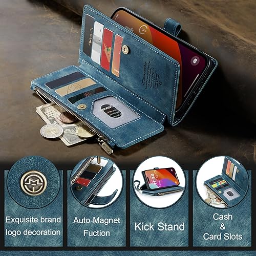 Miniatura 7 de CaseMe - Funda tipo cartera para iPhone 15 Pro Max, multifunción, hecha a mano, de piel sintética de alta calidad, con cremallera, a prueba de