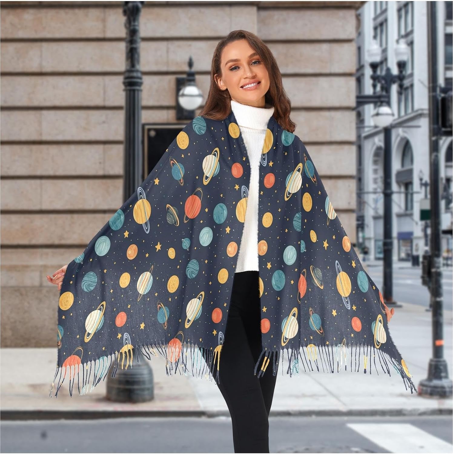 Winter Scarf for Women Colorful Universe Planets Fashion Tassel Shawl Wraps for Women, Cold Weather Warm Womens Scarves Soft Long Scarf Gifts