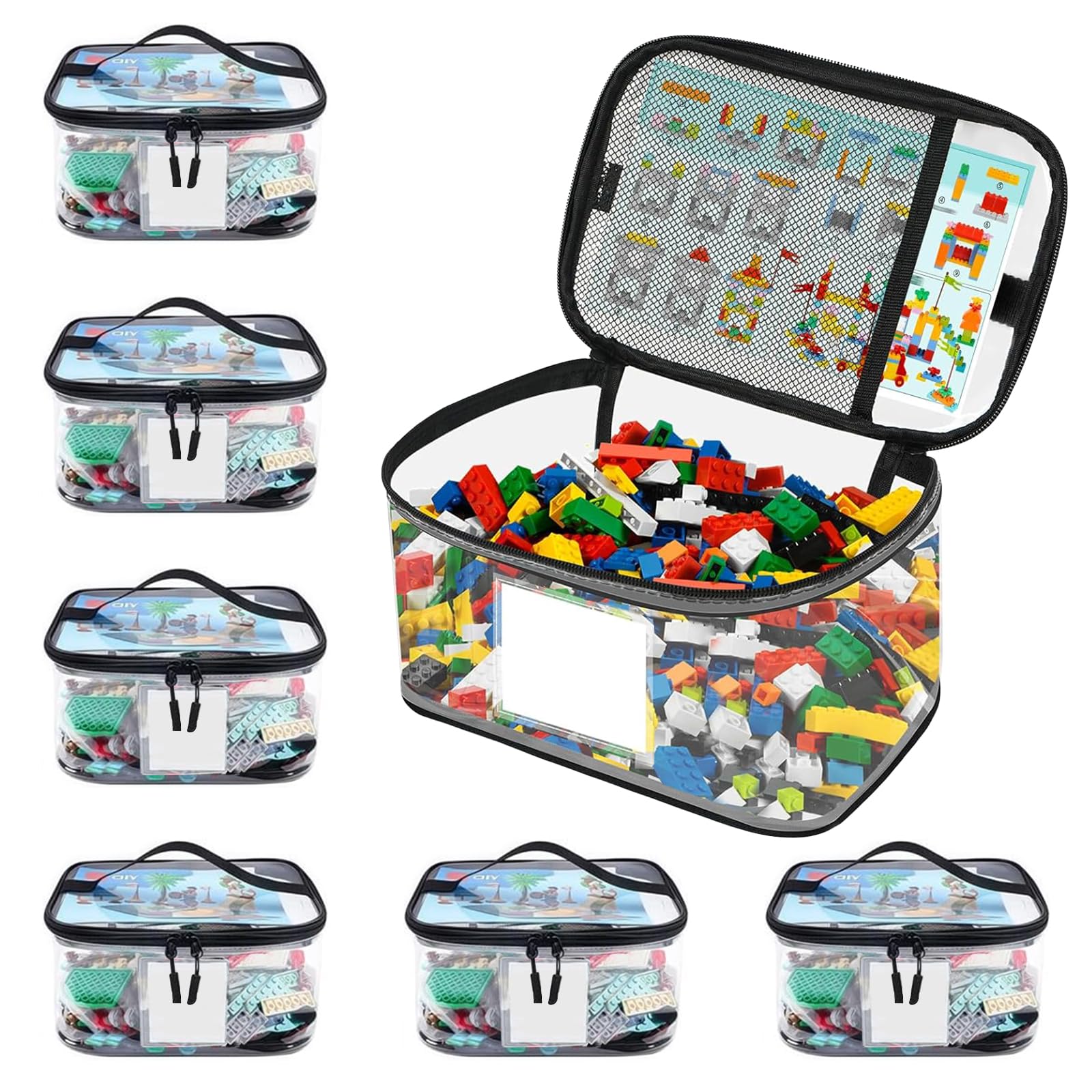 6 Pack Toy Storage Bags,24X17.5X14.5Cm PVC Toy Organiser Bags with Name Tag,Small Clear Toy Storage for Kids,Reusable Waterproof Travel Toiletry Bags, Organizer Pouch for Building Blocks, Puzzles — image 1