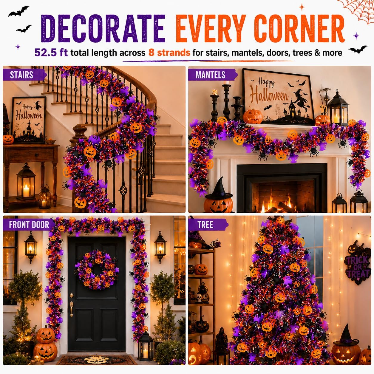 Halloween Garland 52.5 Ft Glitter Tinsel Garland with Pumpkin, Bats & Spider Decorations, Halloween Garland Outdoor Indoor for Tree, Trunk or Treat Car Decorations Kit, Golf Cart Decor