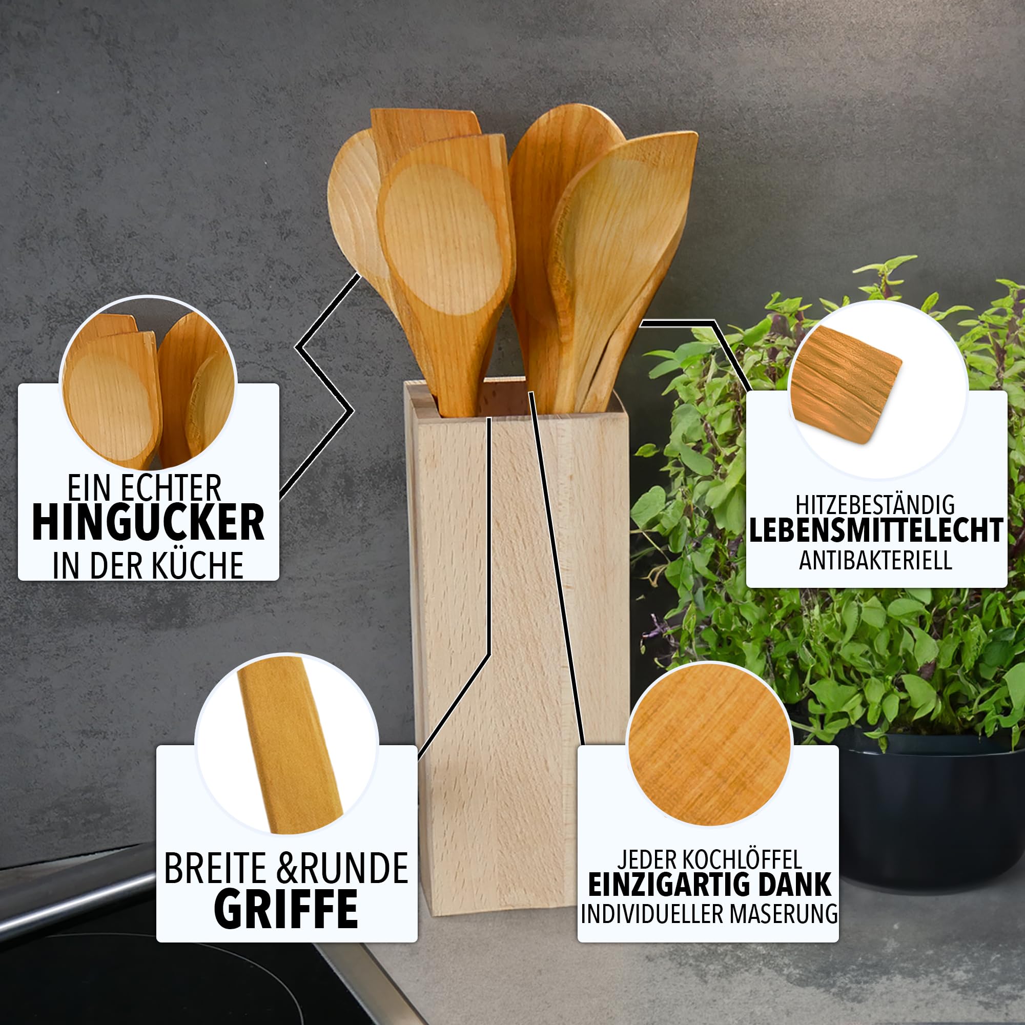 6 Ustensiles De Cuisine En Bambou - Lot De Spatules Et Cuillères 30 Cm, Anti-rayures, Pour Cuisson Et Service - 6