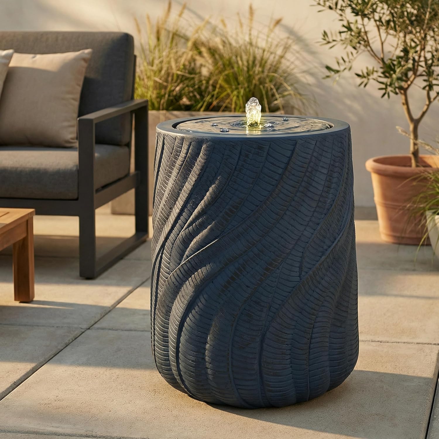Sunnydaze Outdoor Water Fountain with LED Light - Textured Spiral Bubbler Water Feature with Pump - 22" H - for Patio, Garden, Deck, Relaxation and Stress Relief - Blue