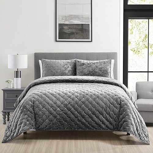 Miniatura 7 de Sunshine Nicole Juego de edredón bordado con hilo dorado metálico, cara de terciopelo envejecido y reverso de microfibra sólida cepillada, con