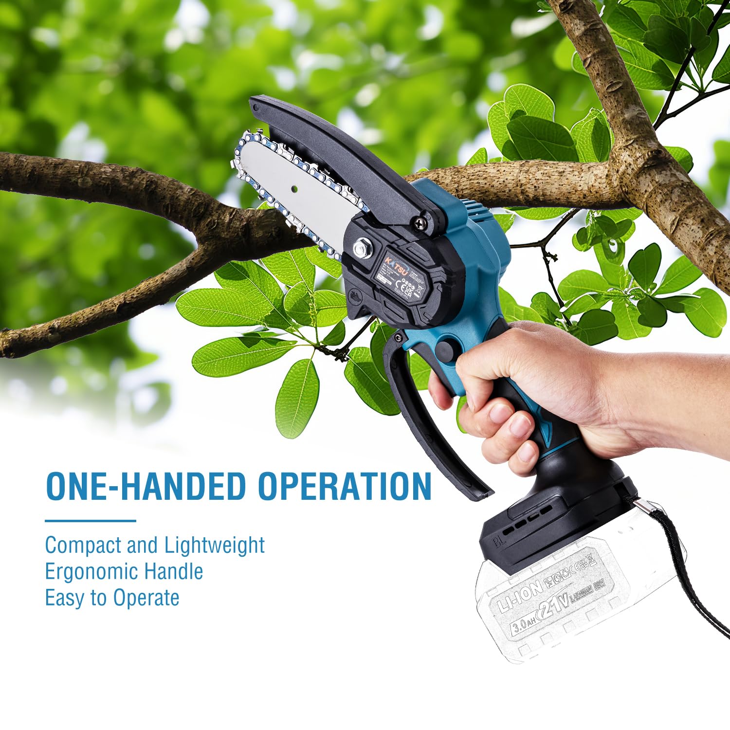 KATSU FIT-BAT 21V borstelloze draadloze mini-kettingzaag van 10,5 cm met 3,0 Ah accu en oplader, extra ketting, lichtgewicht draagbaar voor tuinboomtakken, snoeien en hout snijden