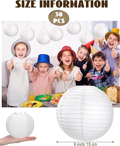 Miniatura 2 de Treela Paquete de 30 faroles de papel chinos japoneses blancos decorativos colgantes de bola, faroles redondos de papel para bodas, fiestas de