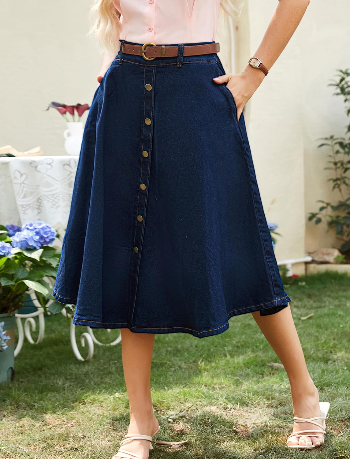 Belle Poque Women's Denim Skirts Vintage Below Knee Length High Waist A-Line Jean Skirts with Pockets - Image 4