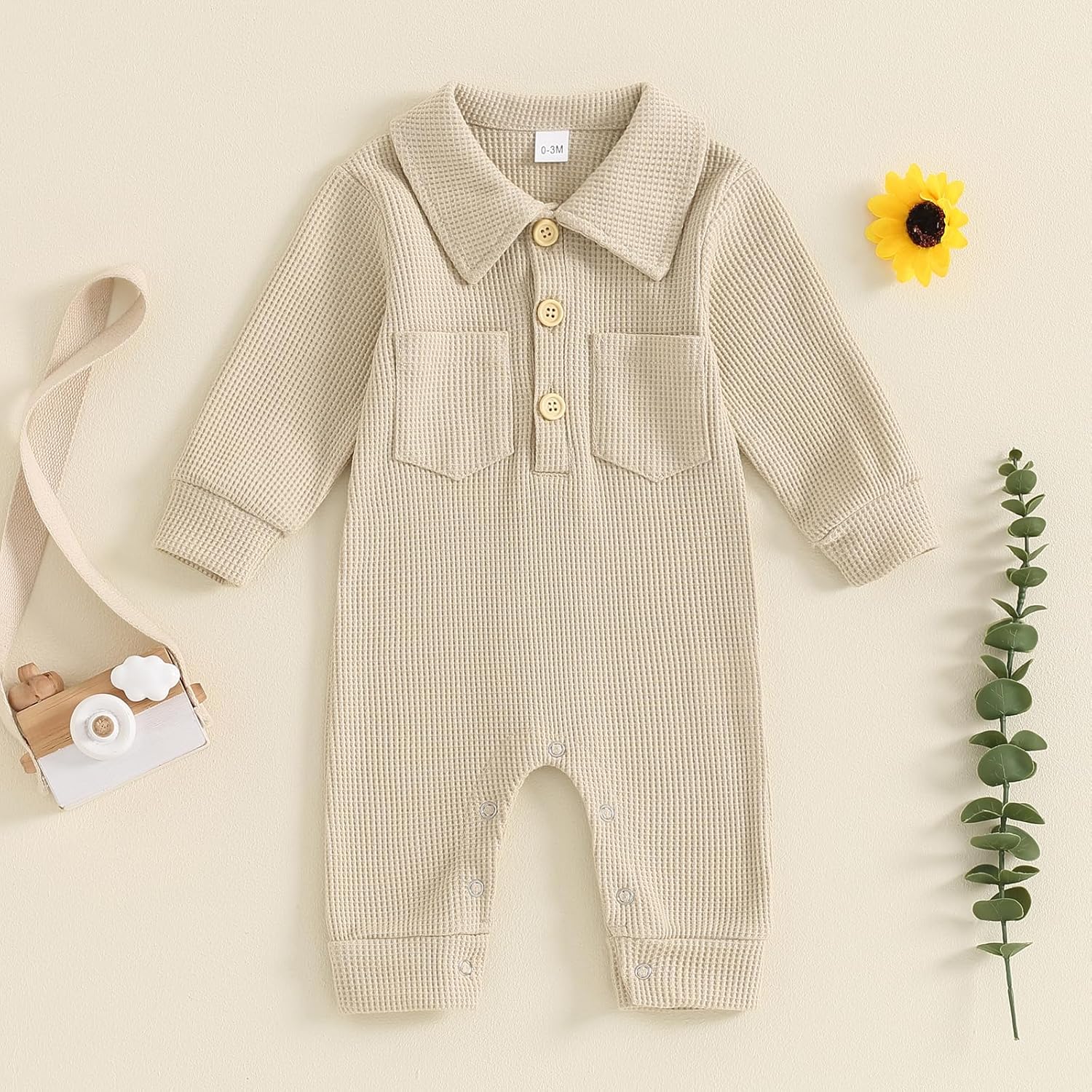 Lesimsam Newborn Baby Boy Waffle Knit Collared Romper Jumpsuit Solid Button Long Sleeve Bodysuit One-Piece Fall Winter Outfit - Image 2