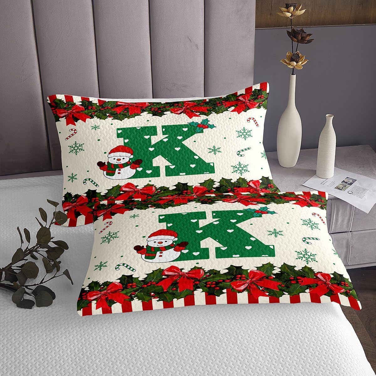 Erosebridal Christmas Bow Letter K Coverlet Set Twin Size | Snowman Holly Love Hearts Bedspread Kids Alphabet Green Red Stripe Snowflake Quilted Coverlet Bowknot Cherry Soft Luxury Quilted