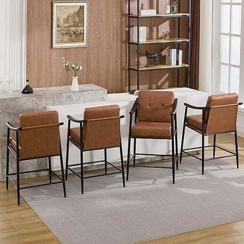 Counter Height Bar Stools Set of 4, 26" Mid Century Bar Chairs with Wood Armrests, Modern Upholstered Barstools with Backs, Brown Faux Leather, Bar Height Stools for Kitchen Island