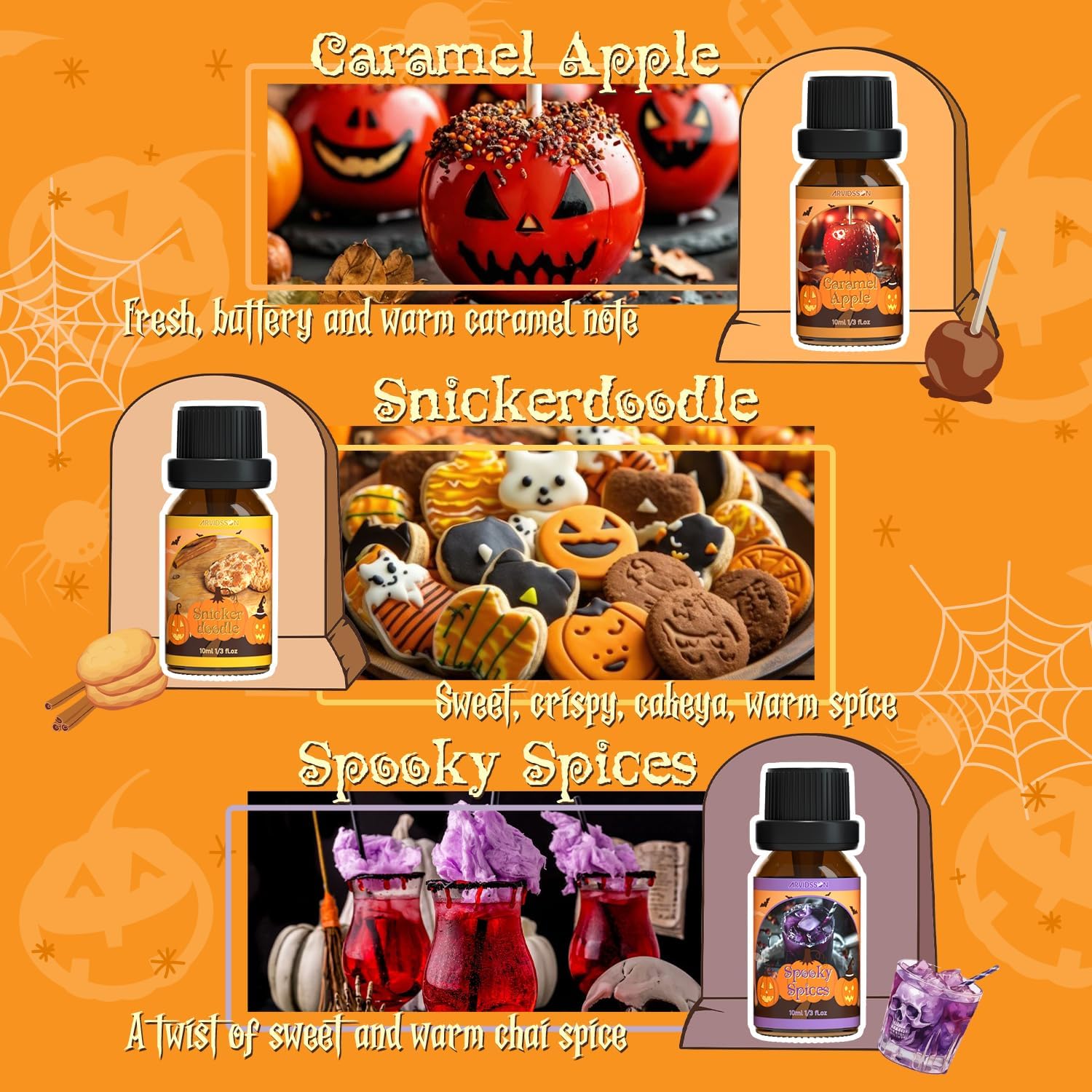 ARVIDSSON Halloween Fragrance Oils Set, Fall Essential Oils for Diffuser - Pumpkin Pie, Spiced Cider, Caramel Apple, Candy Corn, Snickerdoodle, Spooky Spices, Autumn Scented Oil Gift for Women - Image 4
