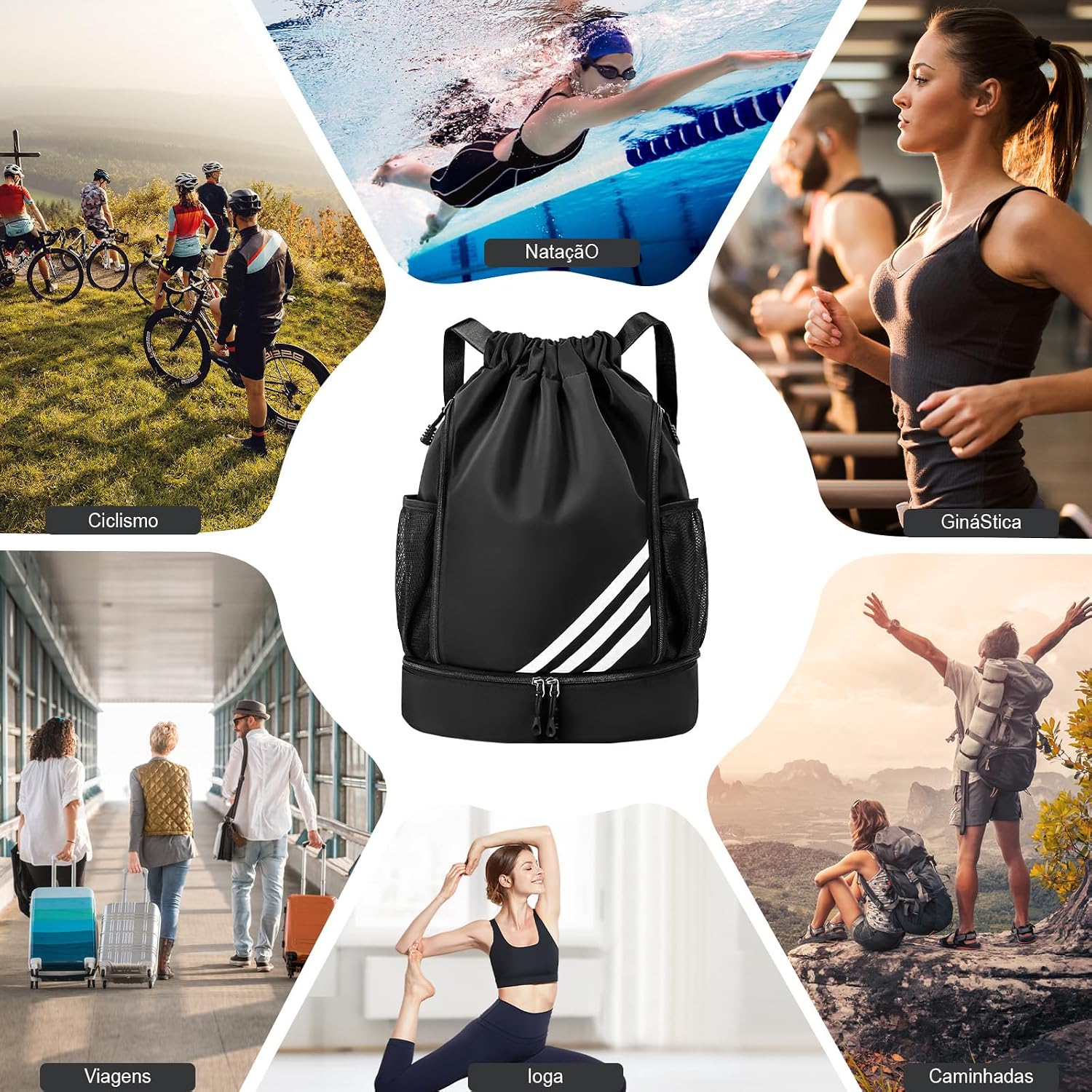 Mochila Esportiva com Cordão, Separação seca e húmida, Mochila de grande capacidade para viagens de lazer, Bolsos Laterais em Malha, Preto com Listras Mochila Esportiva com Cordão, Separação seca e húmida, Mochila de grande capacidade para viagens de lazer, Bolsos Laterais em Malha, Preto com Listras