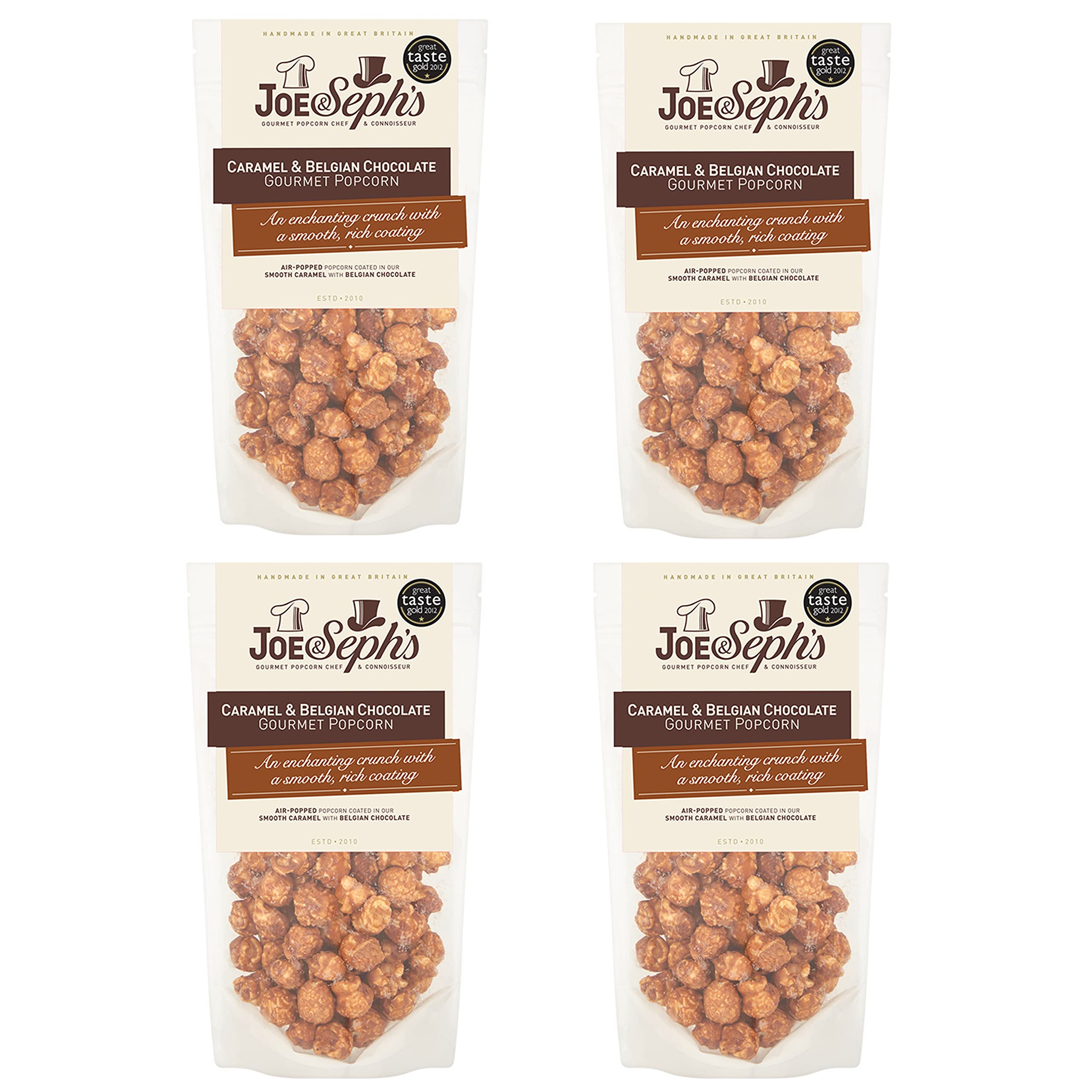 Joe & Sephs Belgian Chocolate Popcorn (4x75g) | 1 Star Great Taste Award, gourmet popcorn, snack bag, air-popped popcorn, chocolate popcorn, move night snack