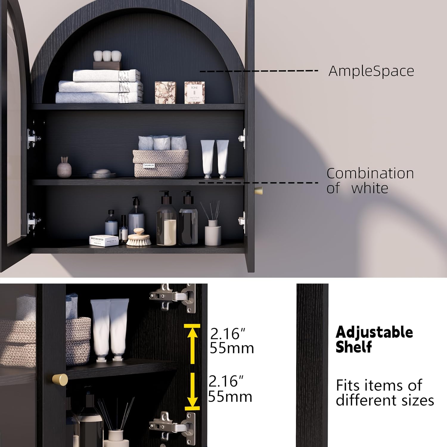 Arched Wall Cabinet, Black Wood Grain Bathroom Cabinet, Wall Mounted Medicine Cabinet with Tempered Glass Door & Adjustable Shelf, Modern Floating Storage Organizer for Home