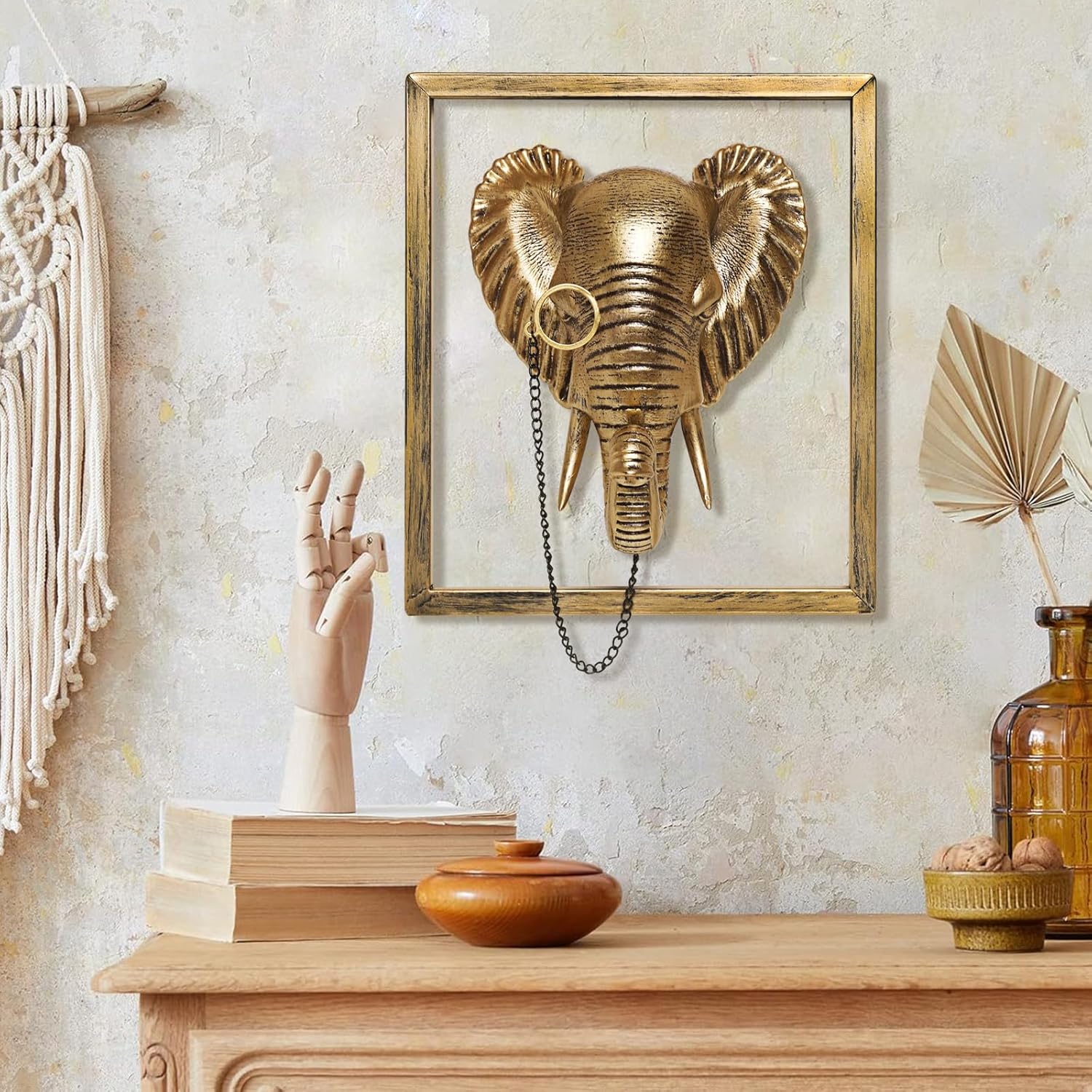 Newinhome Animal Heads Wall Decoration (Gift Metal Frame) Resin Animals Sculptures Head Wall Hanging Decor Gold vintage Wall Sculpture for Living Room Bedroom Office(Elephant)