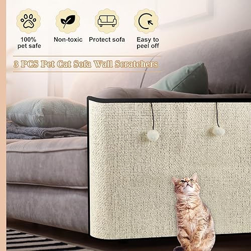 Miniatura 4 de Soaoo 3 protectores de muebles de arañazos para gatos, 19.7 x 31.5 pulgadas, alfombrilla rascador grande para gatos, protector de sofá, sisal