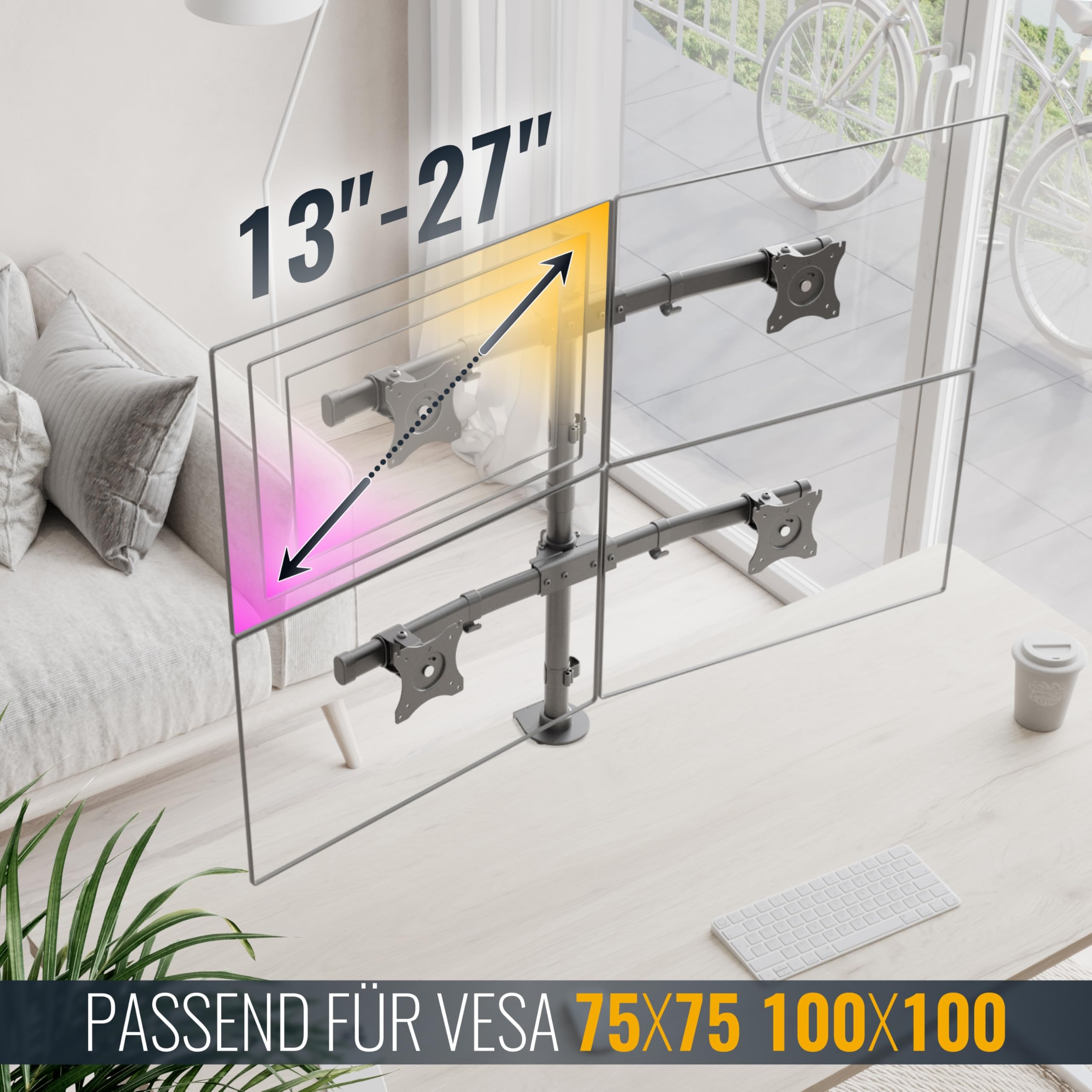 Ricoo Monitor Halterung 4 Monitore Tischhalterung TS8411 Monitorhalterung für 13–27 Zoll Monitorarm zur Tischmontage VESA 75x75 100x100 Bildschirmhalterung schwenkbar Monitorhalter höhenverstellbar – Bild 4