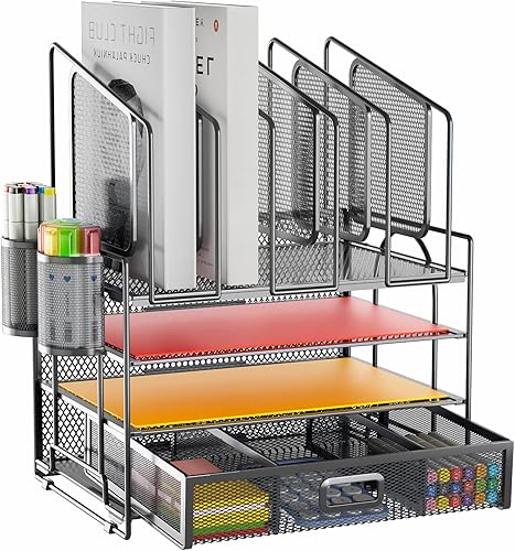 Miniatura 10 de Marbrasse Organizador de escritorio con cajón, organizador de archivos de madera de 4 niveles con 5 soportes verticales para archivos y 2 soportes