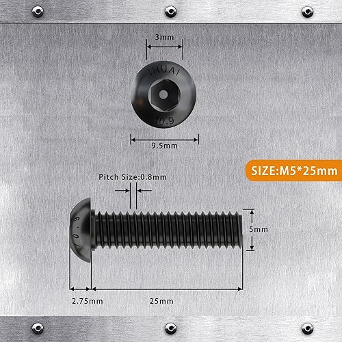 Miniatura 8 de Cicidorai Tornillos de cabeza de botón M5-0.031 x 0.315in, acero de aleación de grado 10,9, acabado de óxido negro, rosca de máquina, llave Allen,