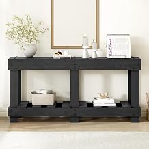 63" Vintage Console Table with Natural Grain, Solid Cedar Wood Entryway Table with 6 Reinforced Legs & 4.5" Thick Desktop, Metal Rivet Decor & Plank Under-Shelf for Hallway, Living Room Black-10
