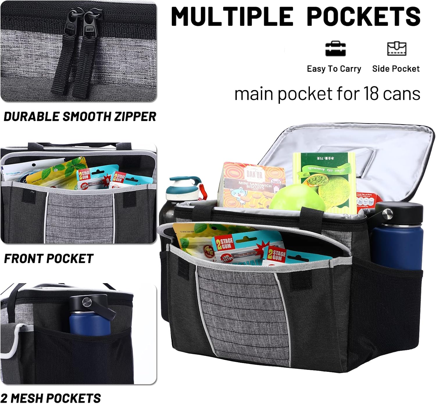 MIER Large Soft Cooler Bag Insulated Lunch Box Bag Picnic Cooler Tote with Dispensing Lid, Multiple Pockets, 18 Can(black and grey)