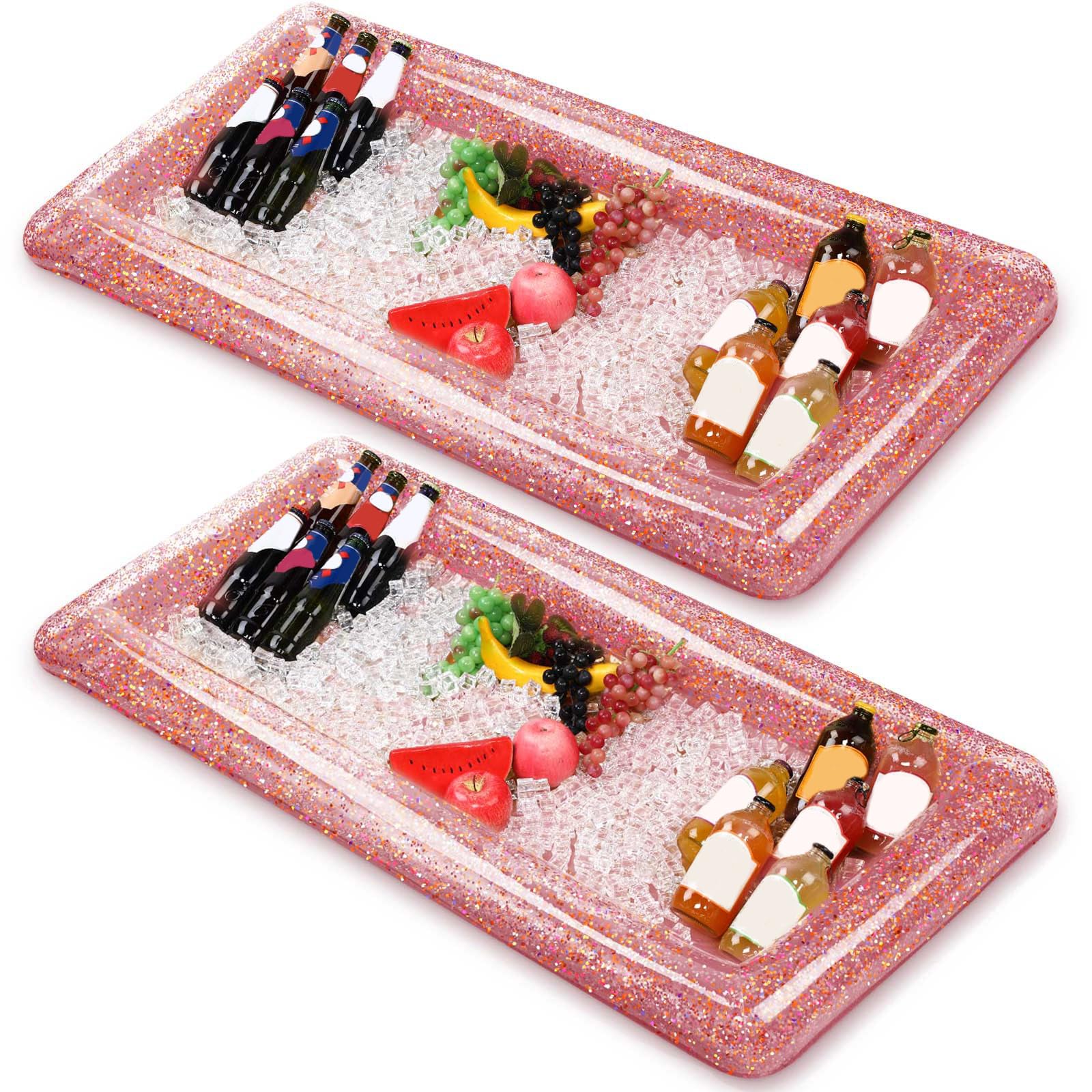 Photo 1 of 2 Pieces Inflatable Serving Bar Glittering Confetti Food Cooler Buffet with Drain Plug, Inflatable Ice Serving Bar for Food and Drinks for Pool and Outdoor Events(Pink)