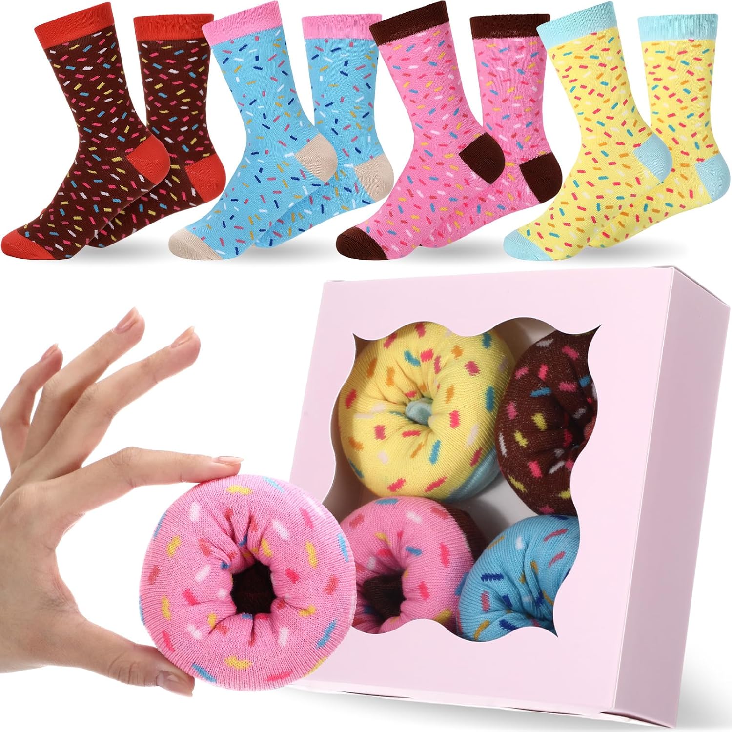 Mepase Funny Donut Socks Gift Box for Women Valentine Gift Fun Novelty Cute Socks Macaron Multipack Birthday Gifts