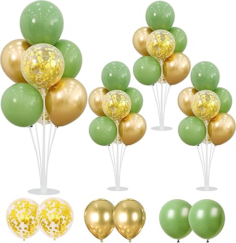 Kit de 4 soportes para globos para centros de mesa con base, porta globos verde salvia, para decoración de baby shower y fiesta de cumpleaños
