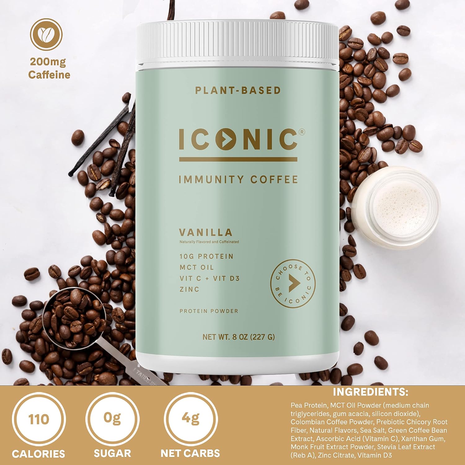 Iconic Immunity Coffee Protein Powder, Vanilla - Keto Coffee with Vitamin D3, Vitamin C, Zinc, MCT Oil (1g), Pea Protein Powder (10g) - 200mg Caffeine - Sugar Free, Gluten Free, Dairy Free - 8oz. Tub