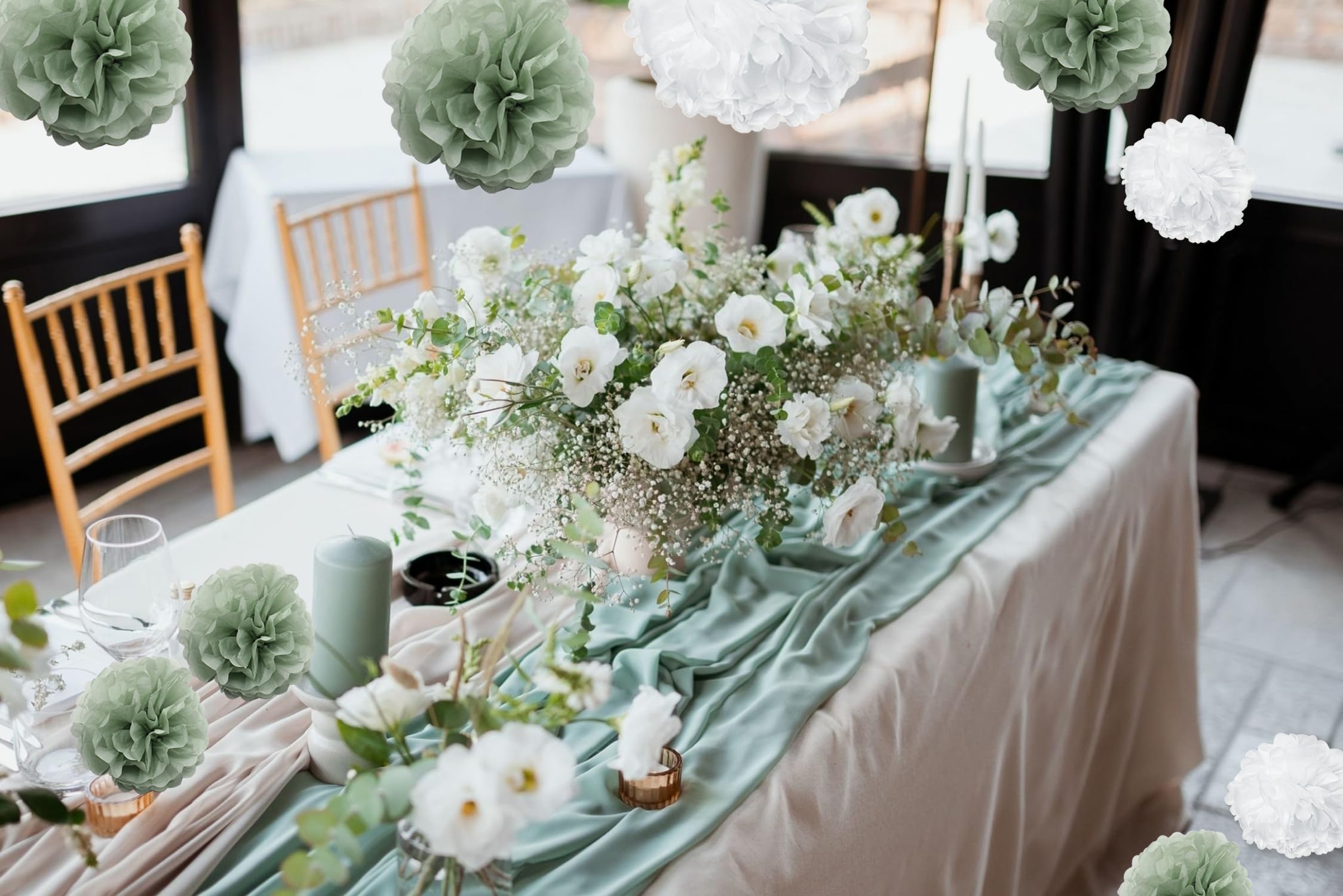 AOBKIAT Décorations De Fête De Mariage Vert Sauge,28 Pièces De Papier De Soie Pom Poms,pour L'anniversaire De La Fille,de La Femme,de La Mariée,de La