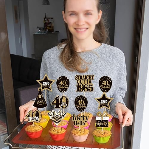 Miniatura 7 de 36 piezas de decoración para cupcakes de feliz cumpleaños 40 de doble cara negro dorado cuarenta y hola 40 rectos para decorar cupcakes 40 fabulosas