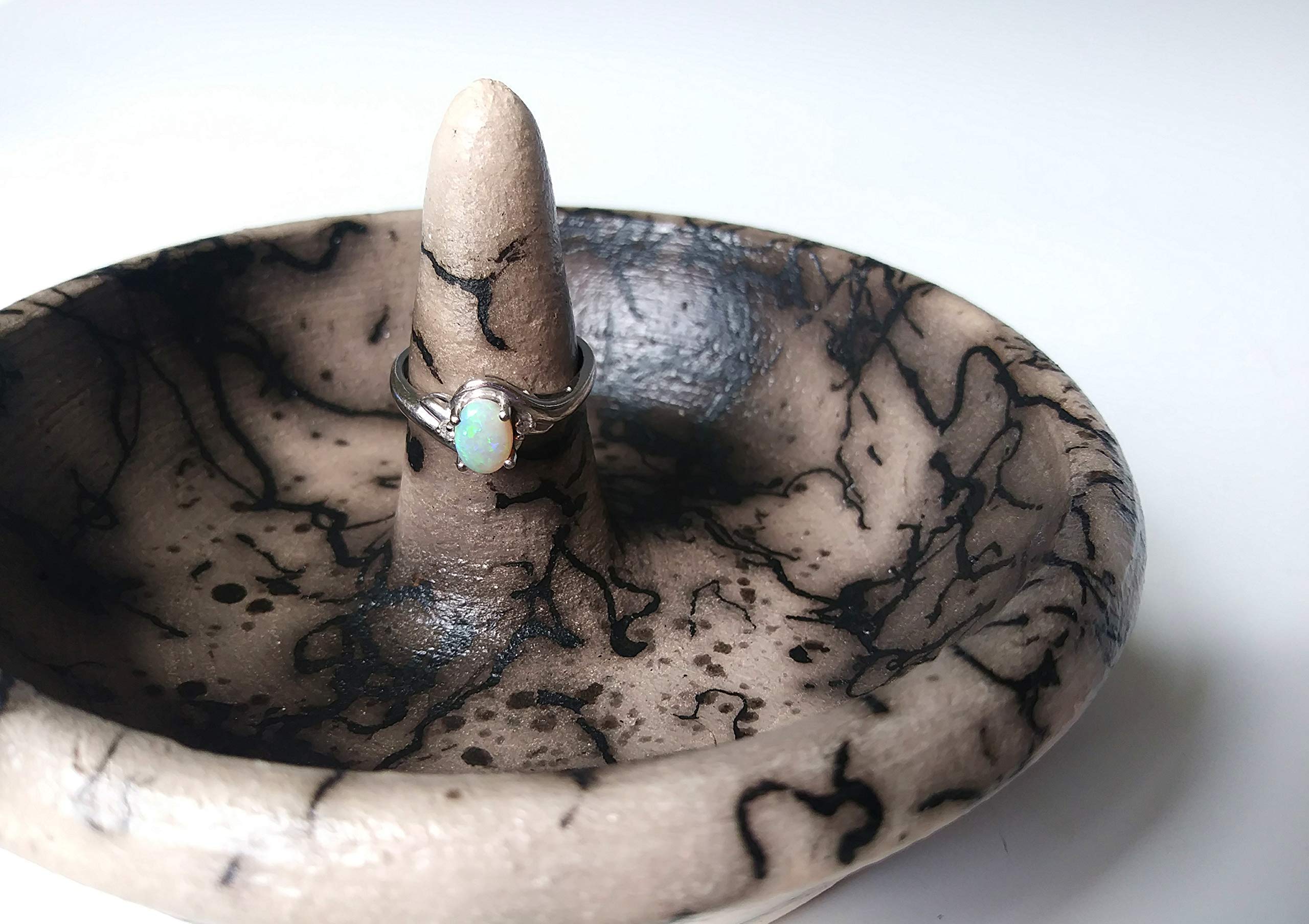 Large Ring Dish, Handmade Horsehair Raku, Ceramic Jewelry Holder, Unique Pottery