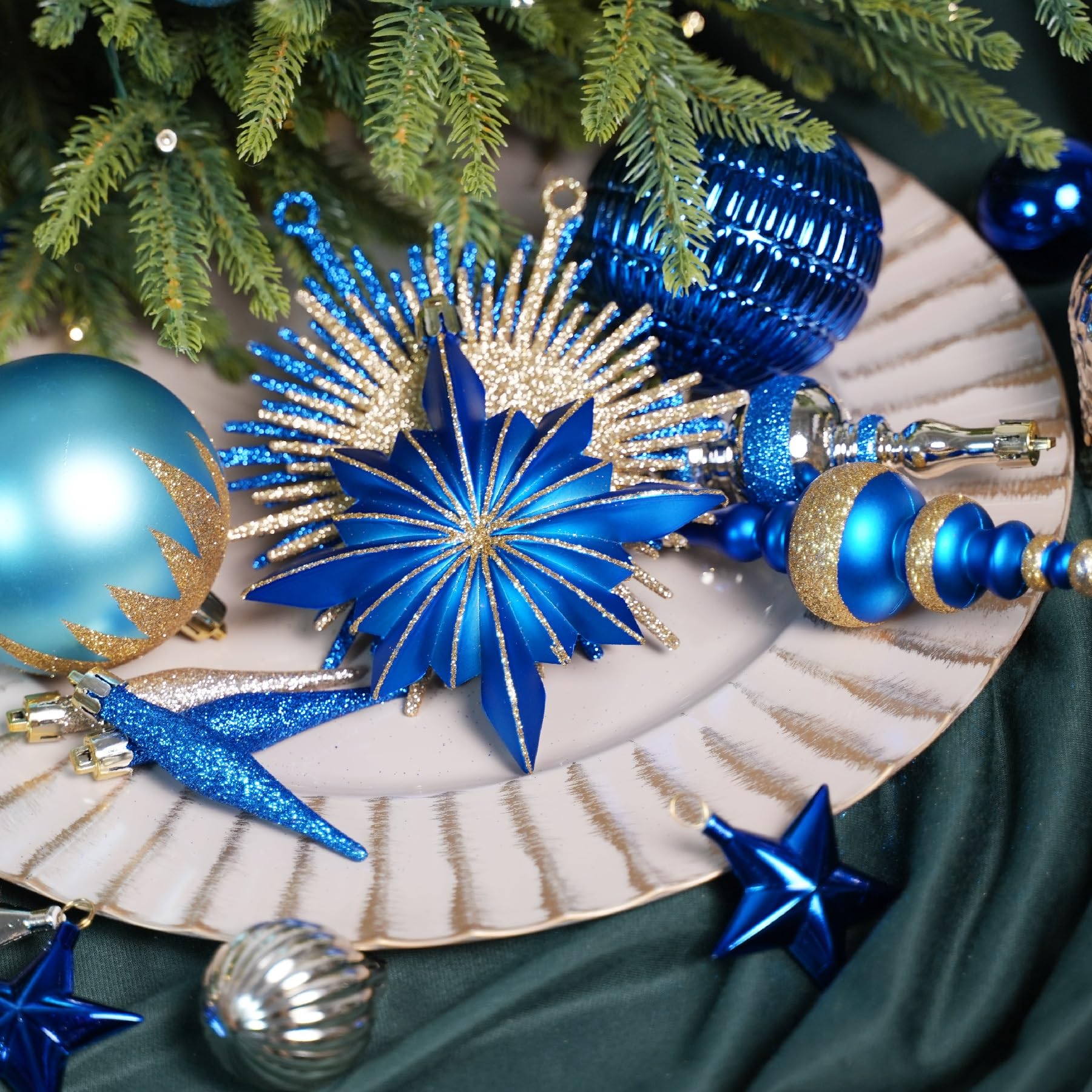 SHareconn Bolas de Navidad, 80 Unidades, 4-12,5 cm, Bolas Doradas de plástico irrompible para Adornos para árboles de Navidad, Decoraciones para Fiestas, con cordón para Colgar, Azul Dorado