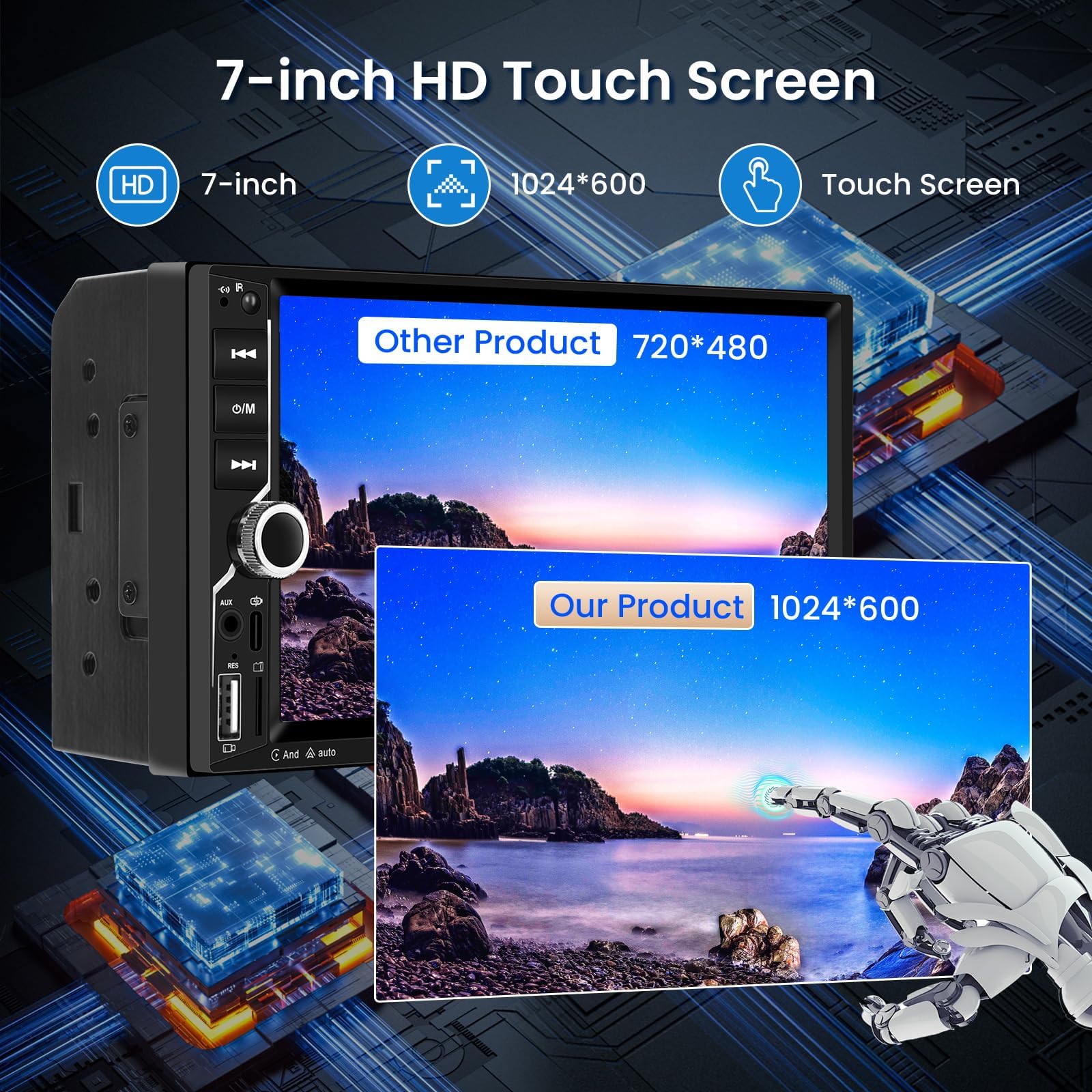 VECHTEL Autoradio 2 Din avec Carplay Android Auto sans Fil, 7 Pouces Écran Tactile Stéréo Voiture Bluetooth, Radio FM, Type-C/USB/TF/AUX, Mirror Link, Caméra de Recul, Télécommande