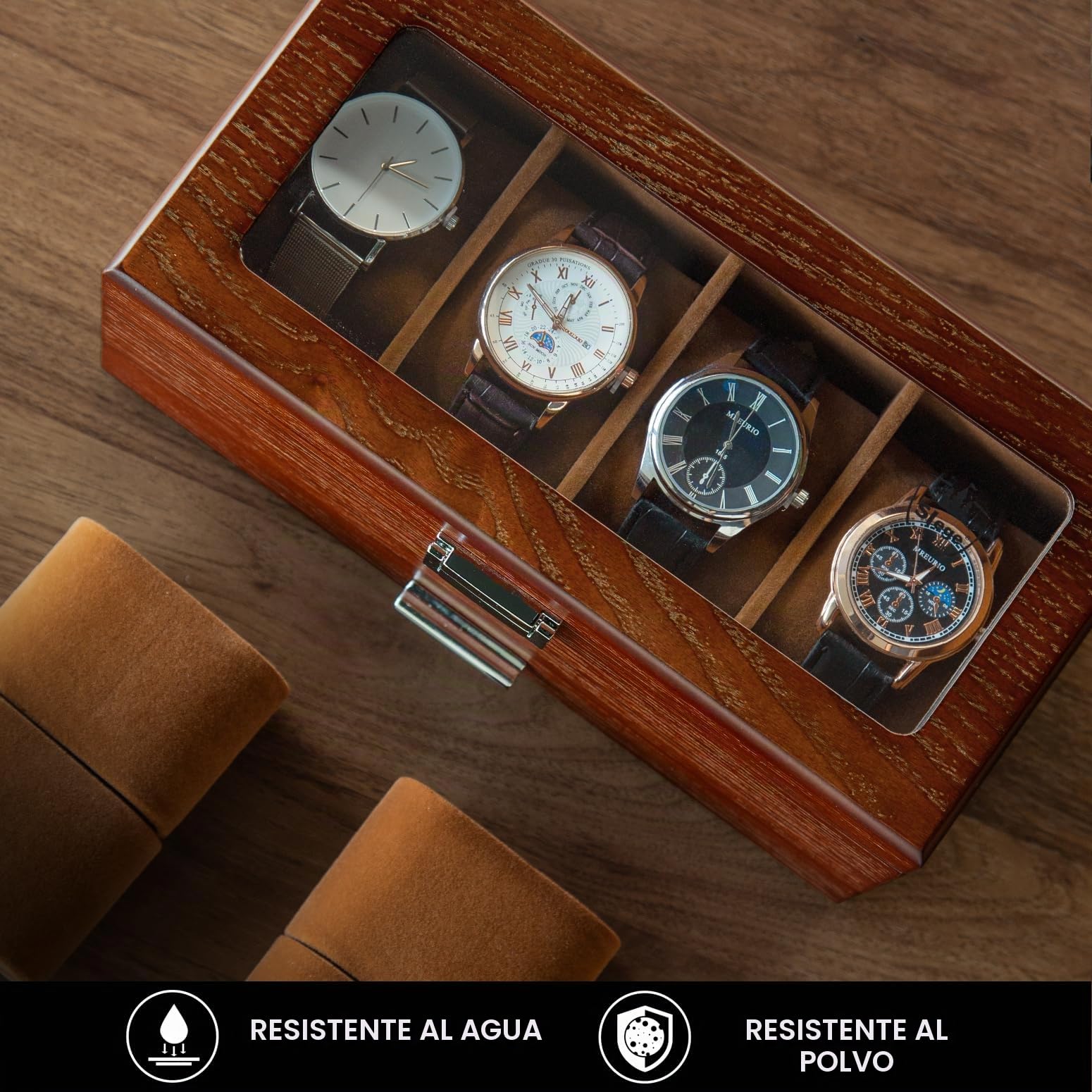 Slege Caja de Relojes de Madera,con 4 Compartimentos de 2 Niveles,Caja para Relojes Hombre,Estuche Relojero Organizador con 1 Cajón,Cubierta de Vidrio,Organizador para Hombres y Mujeres Regalo,Marrón