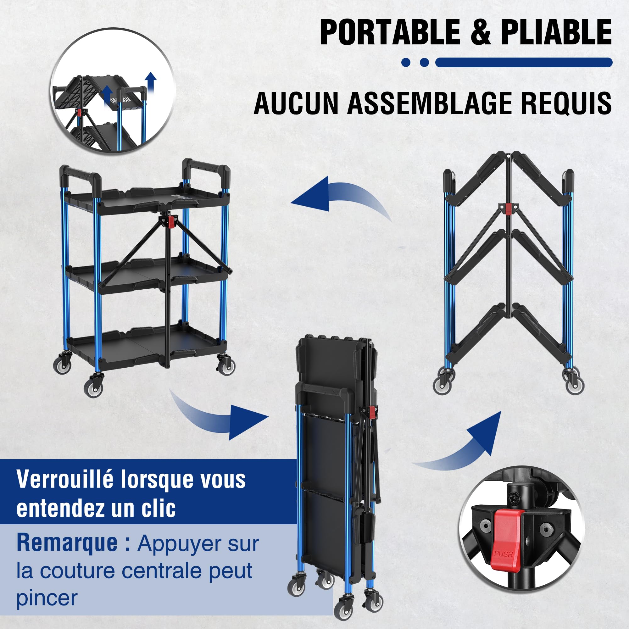 WORKPRO Chariot Pliable à 3 Niveaux, Servante d’Atelier avec roulettes, Étagère de Rangement Mobile sans Assemblage, pour Atelier, Studio d’Art et Galerie