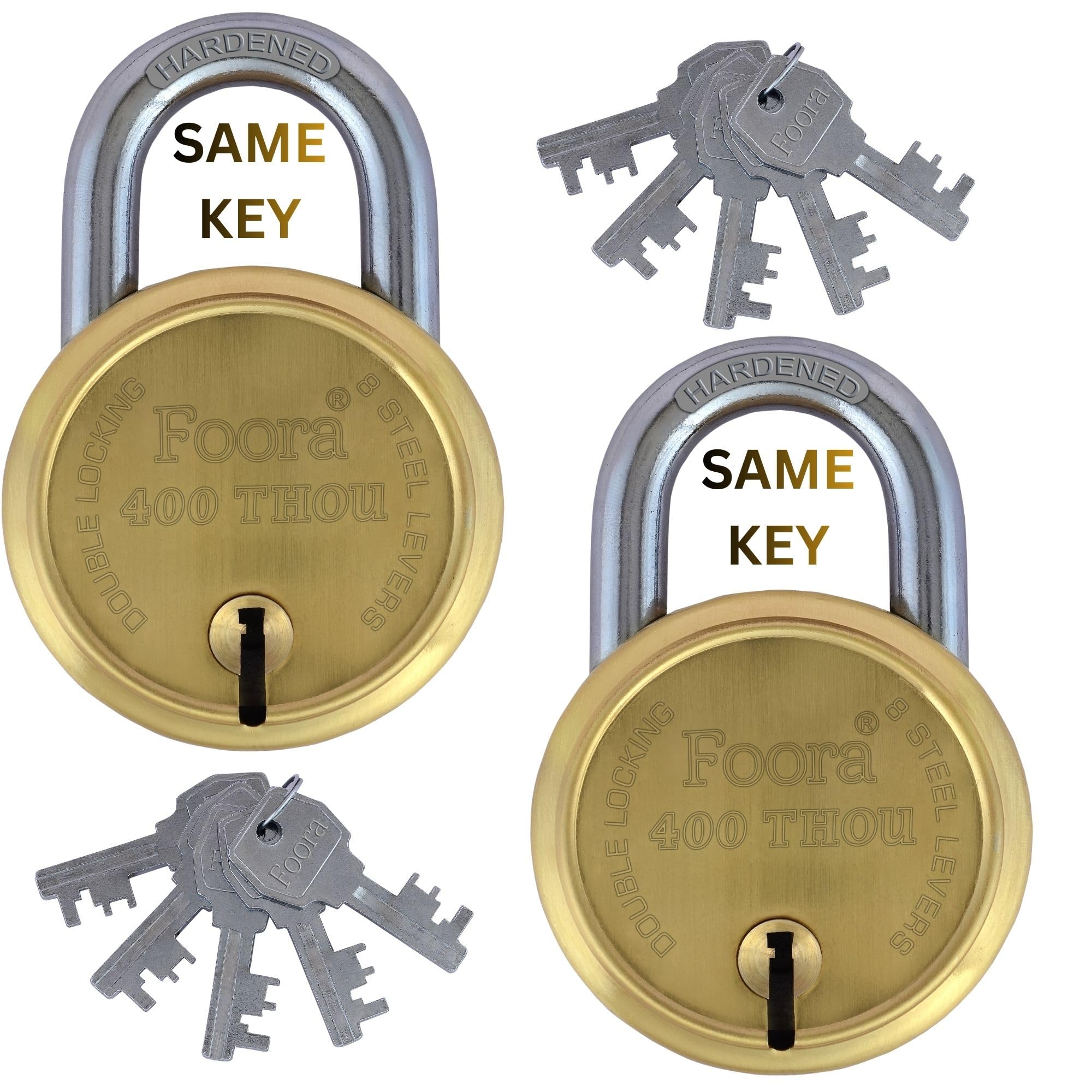 Foora Same Key 400 Thou Gold 65mm Padlock | 2 Padlocks with 10 Same Keys | 8 Lever Locking with Hardened Shackle for Home, Gate, Shutter & Shop Use-image-18