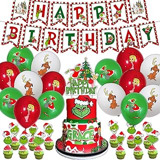 Grinch Christmas Birthday Decorations,Happy Birthday Banner,Holiday Cake Decoration,Grinch Cupcake Toppers,The-Grinch Christmas Balloons for Party,Christmas Theme Party Supplies,Winter Festival Feast Decorations