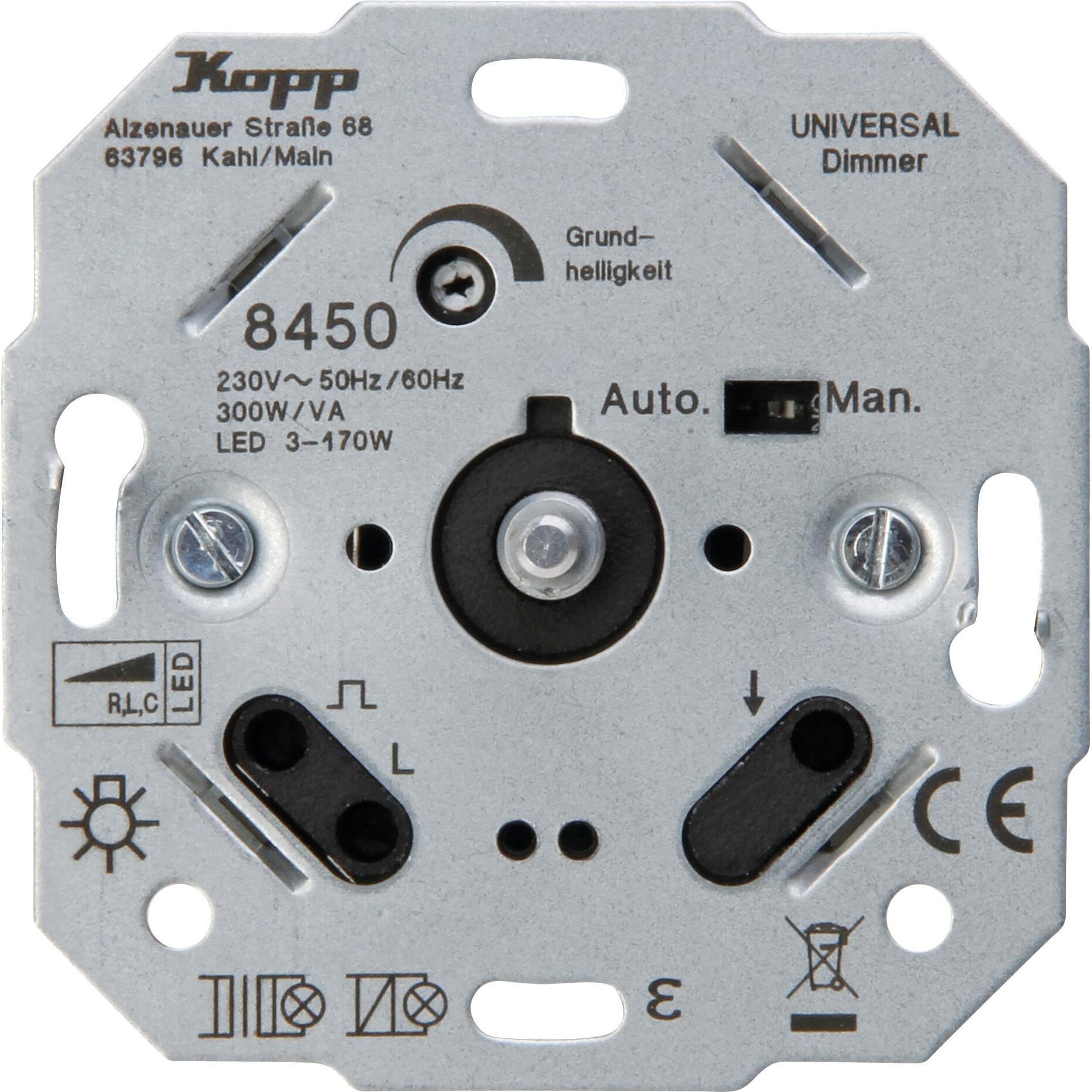 Kopp Uniwersalny ściemniacz ciśnieniowy, do LED, fazowy i fazowy do LED 3-170 W, żarówki 10-250 W, 230 V halogenowe i niskonapięciowe lampy halogenowe 845000186