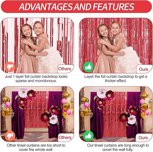 Miniatura 3 de Crosize Paquete de 3 cortinas de flecos de papel de aluminio rojo de 3.3 x 9.9 pies, decoración de fiesta, telón de fondo de cortina de oropel rojo