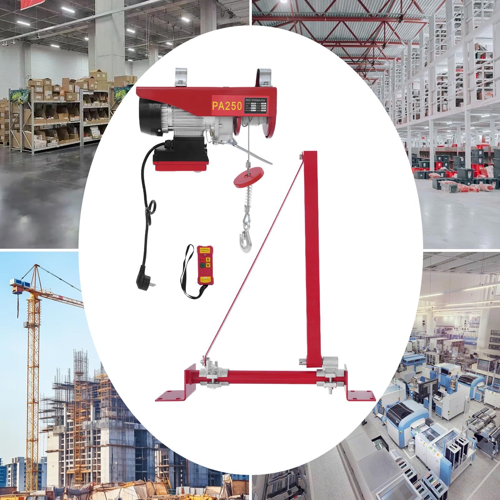 Argano elettrico & braccio girevole con paranco, 550 W paranco elettrico con altezza di sollevamento 12 m con telecomando, capacità di carico 250 kg per fabbriche, banchine, magazzini