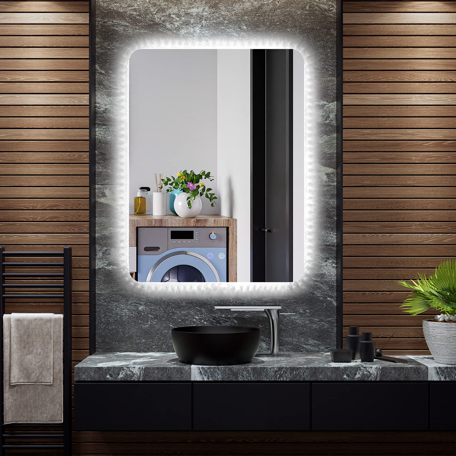 COSTWAY Espejo de Baño con Luces LED 80 x 60 cm, Espejo de Pared con 3 Temperaturas de Color, Antivaho y Función de Memoria, Espejo Iluminado Vertical u Horizontalmente, IP44, CE