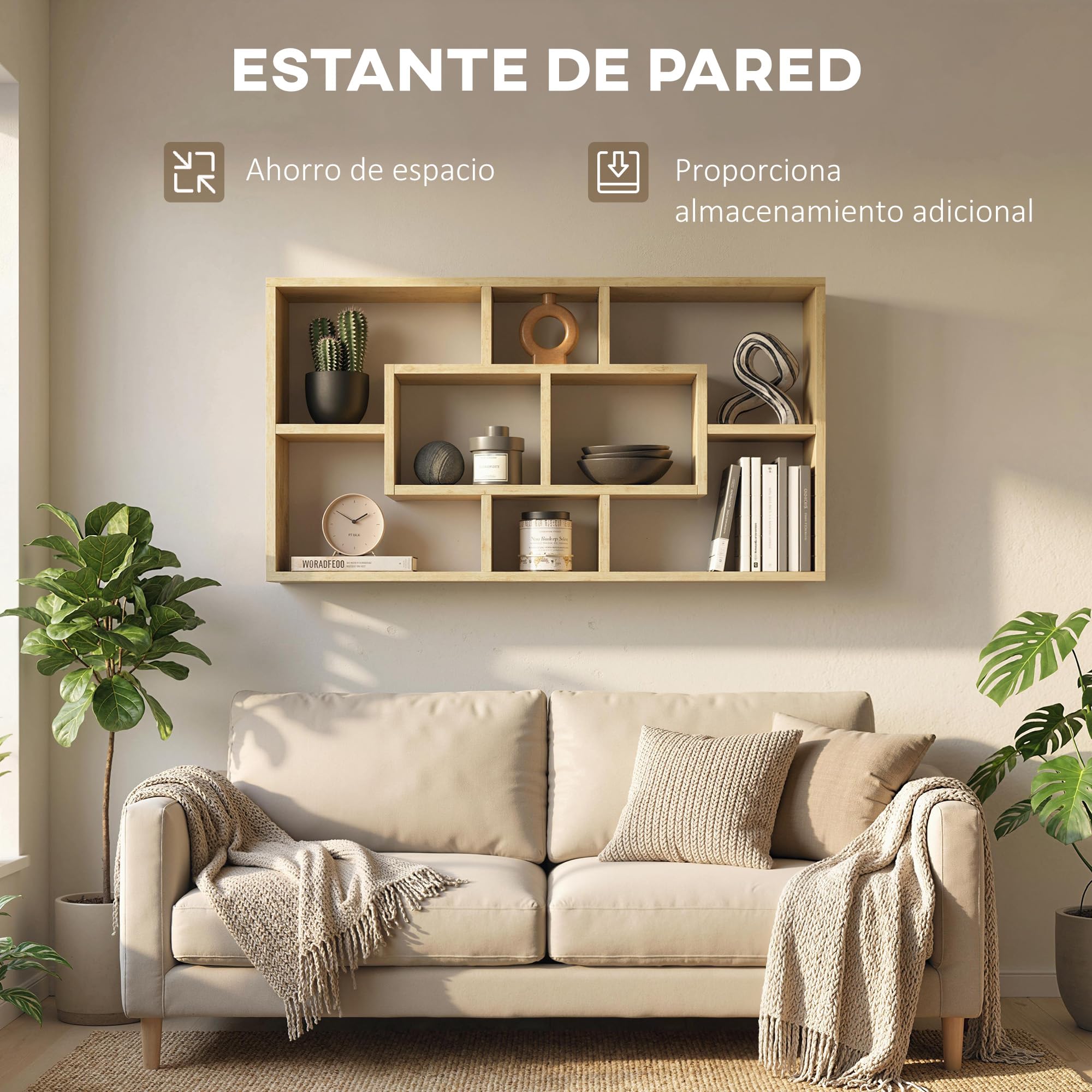 HOMCOM Estante de Pared Decorativo, Estantería para Libro, CDs, Baldas Flotantes con 8 Cubos, 85x14,5x47,5 cm, Carga 20kg, para Oficina, Estudio, Salón, Roble