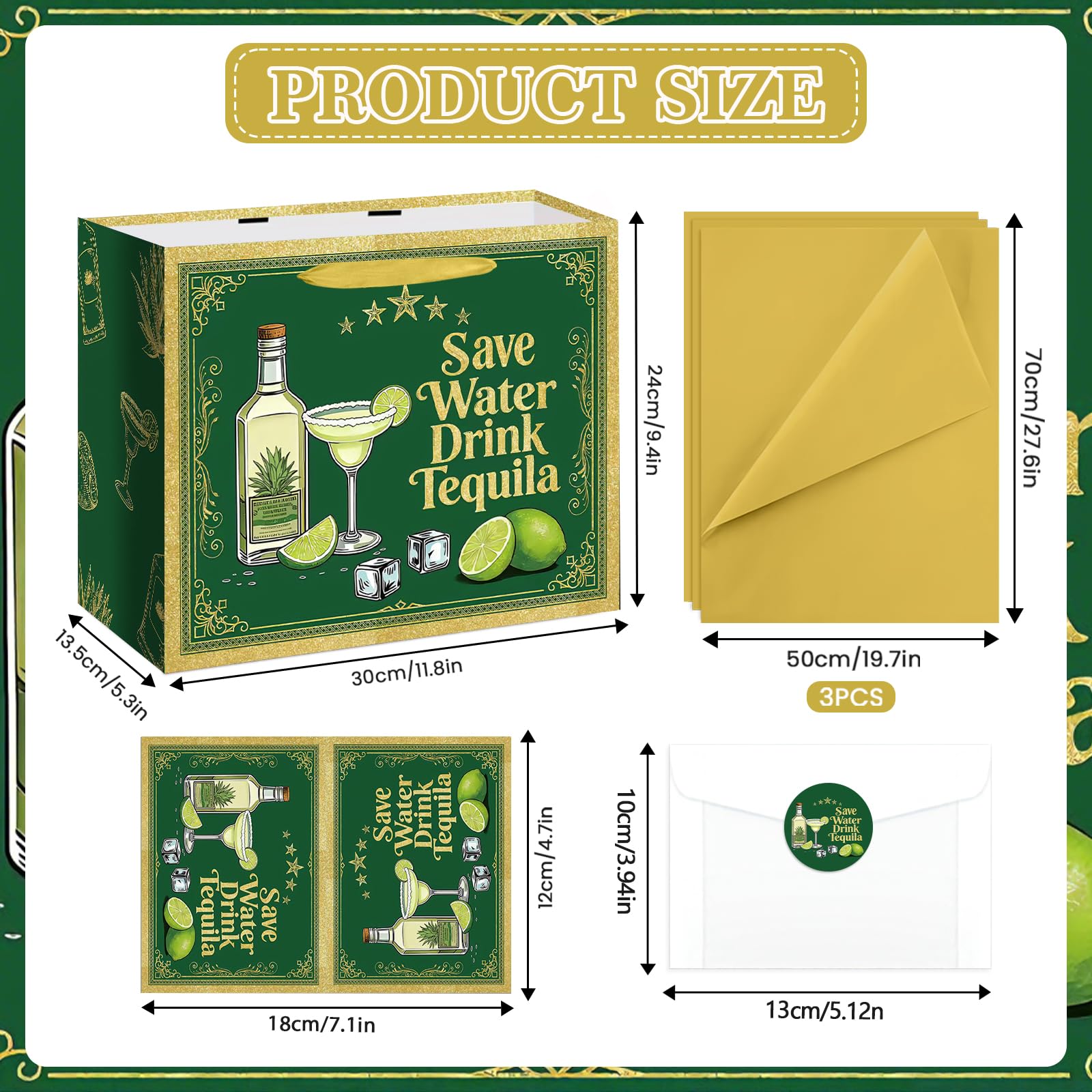 Green Gold Tequila Gift Bag, Margarita All-in-One Set with Greeting Card, Sticker, Envelope, and Tissue Paper, Funny Cocktail Gifts Wrap for Birthday, 21st, Bachelorette, Cinco de Mayo, Mexican Fiesta