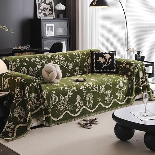 DREAMINGO Green Floral Couch Cover Farmhouse Botanical Jacquard Sofa Covers for 2 Cushion Couch Cozy Chenille Living Room Furniture Loveseat